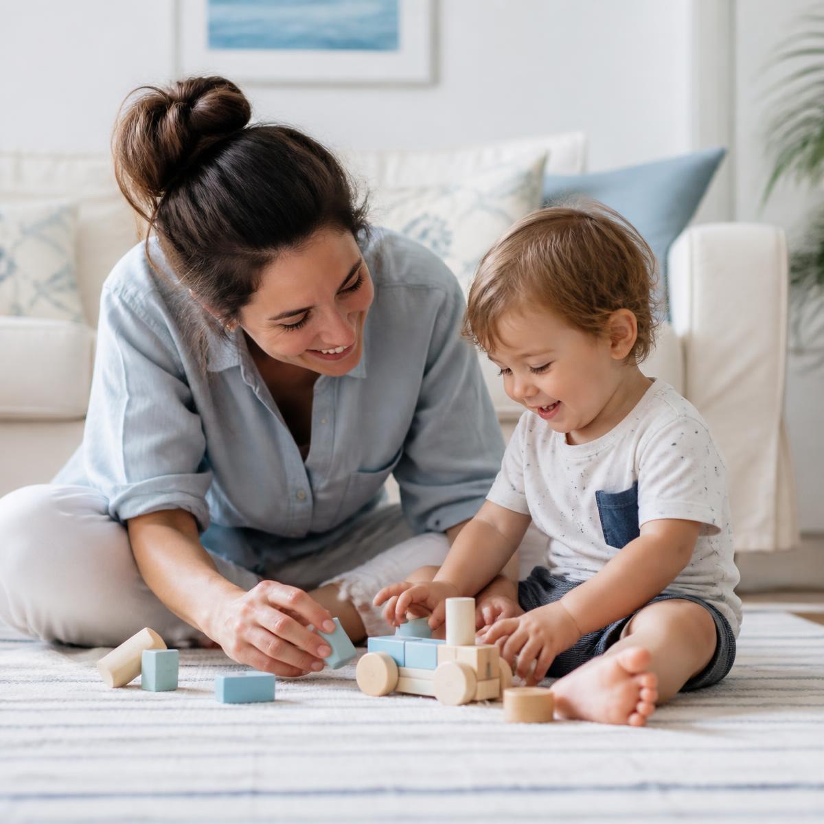 A parent and toddler playing together at home